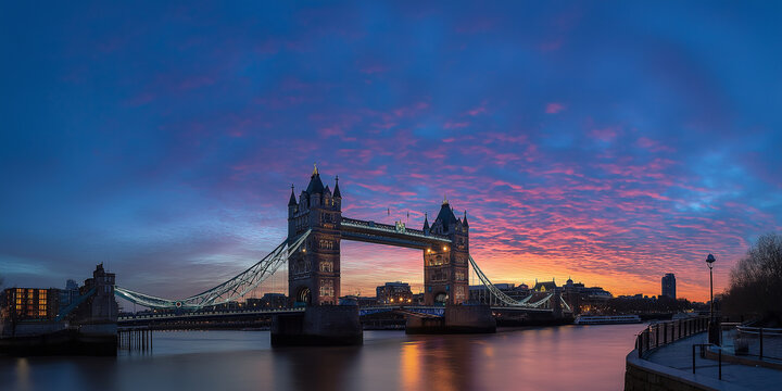 Tower bridge at sunset reflecting on thames river in london, united kingdom