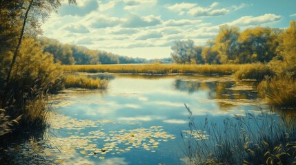 Fototapeta premium A calm lake with trees and the blue sky with fluffy clouds