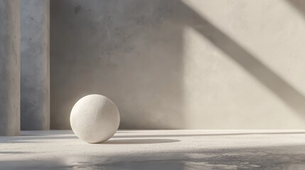 A white ball is sitting on a white floor in a room with a white wall