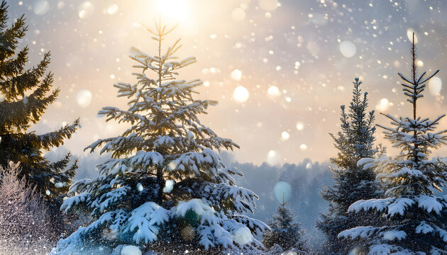Pine trees covered with snow in winter with sunlight Fir forest - Powered by Adobe