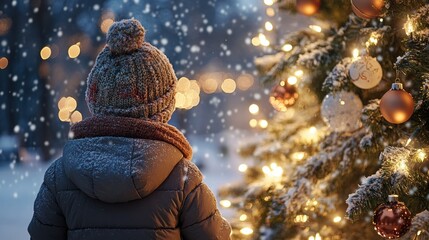Сhild dressed in warm winter clothing, including a puffy jacket, scarf, and knit hat, standing in front of a beautifully decorated Christmas tree.