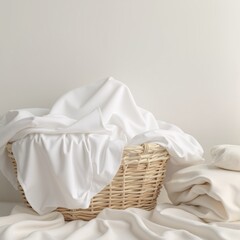 Clean White Laundry in Wicker Basket  Cozy Bedroom  Soft Fabric  Minimalist Home Decor   