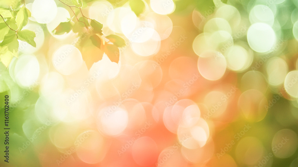 Poster soft sunlight filters through leaves creating a colorful bokeh background in nature