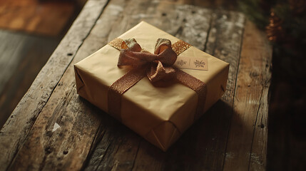 A beautifully wrapped gift box with ribbons and a holiday card placed on a rustic wooden table 