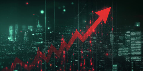 Red arrow increasing over cityscape shows market growth potential