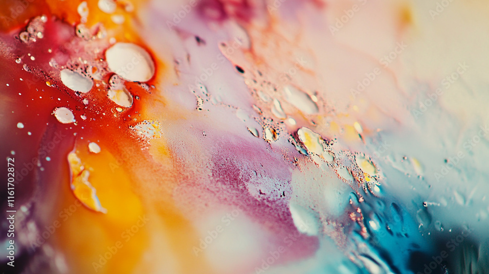 Poster abstract colorful patterns created by liquid paint on a textured surface during bright sunlight