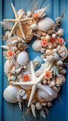 Ocean-Inspired Decor: Handmade Wreath with Sea Shells, Starfish, and Driftwood on Display