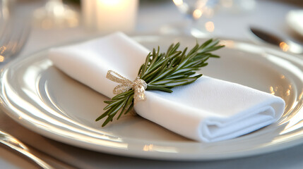 A close-up of a plate with a festive holiday napkin, silverware tied with ribbon, and a small sprig of rosemary 