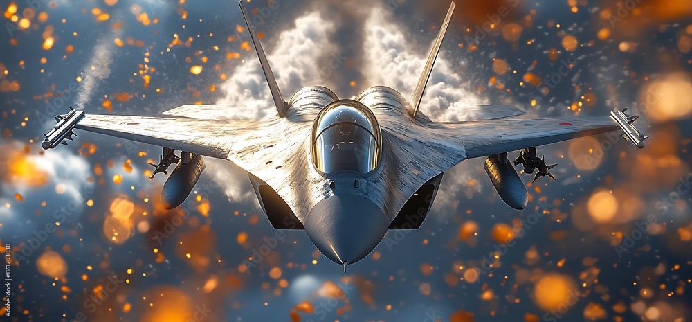 Poster a fighter jet soaring through clouds with explosive effects in the background.