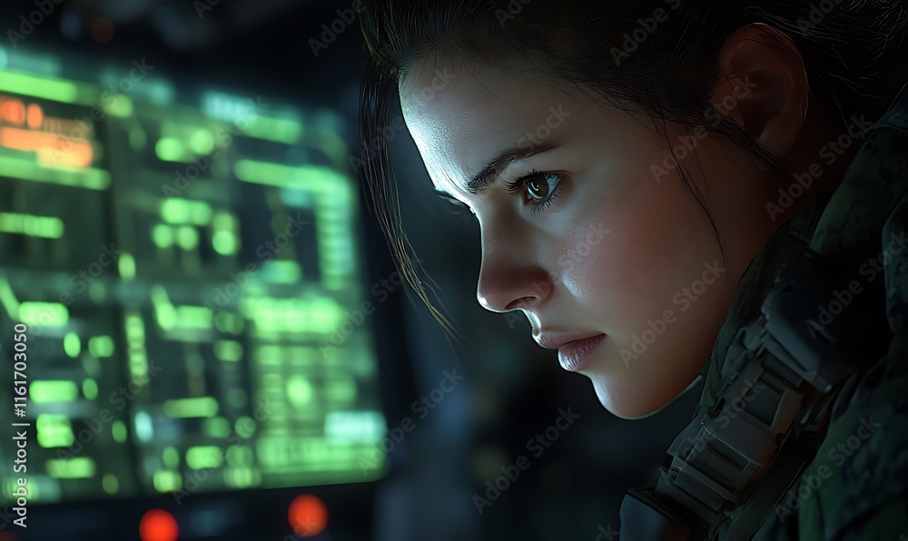 Poster a focused individual analyzing data on a futuristic screen.