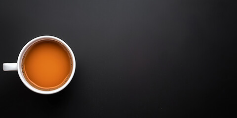 White cup with fresh tea on dark background with copy space