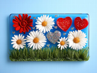 Valentine's Day DIY gifts. Colorful flowers and hearts arranged on a blue background, creating a vibrant floral design.