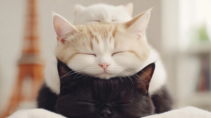 Chubby cats create a cozy stack of warmth and comfort on a soft surface in a sunlit room