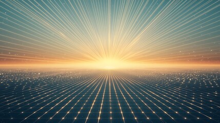 A geometric pattern of light rays expanding endlessly into a glowing horizon.