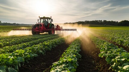 Fototapeta premium Farmer on a tractor with a sprayer makes fertilizer for young vegetable,