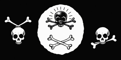 Vintage linocut style doodle set of bones and skulls in black vector elements for logos, featuring cute and separated designs, logos, vector, vintage