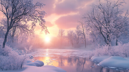 A serene snowy landscape with a frozen lake, snow-covered trees, and a soft pink sunset in the background 