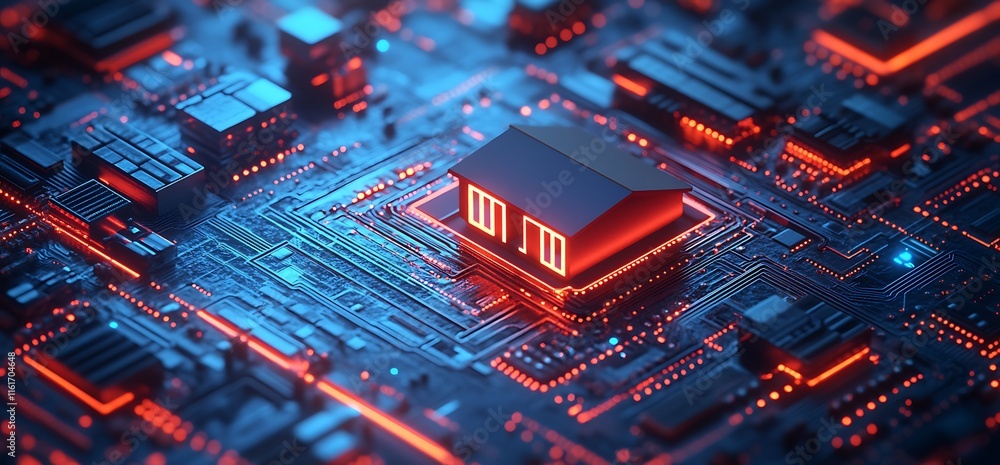 Aufkleber a futuristic circuit board with a house-shaped structure illuminated in red and blue.