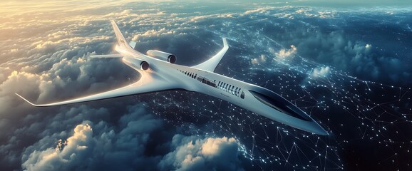 Fototapeta premium A futuristic airplane soaring above the clouds, symbolizing advanced transport.