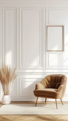 Fototapeta premium Modern Room Interior Design With Brown Chair And Pampas Grass