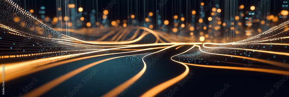 Poster abstract data stream flowing across futuristic cityscape