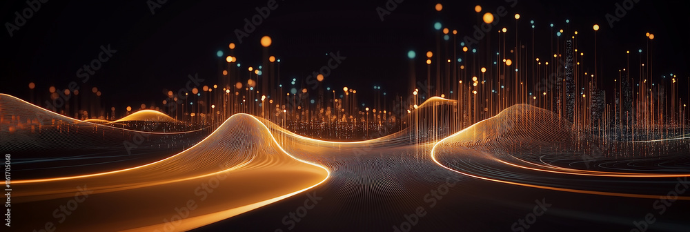 Poster golden particles flowing over digital landscape creating futuristic waves