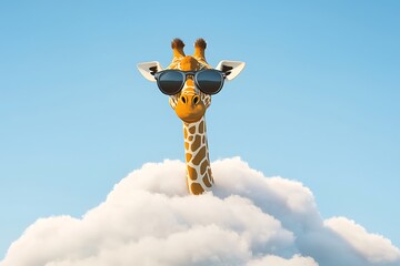 A giraffe wearing sunglasses poking its head out of a cartoon cloud.