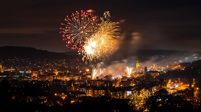 Fireworks lighting up the night sky over a cityscape during a grand holiday celebration 