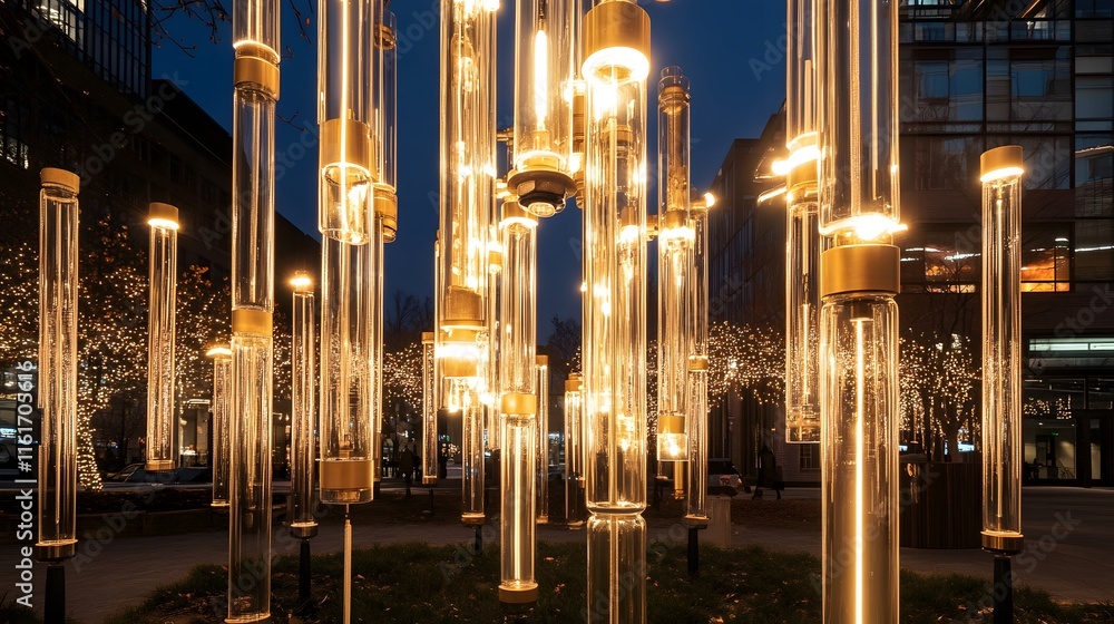 Poster a large number of glass tubes are lit up at night, creating a warm and inviting atmosphere. the tube