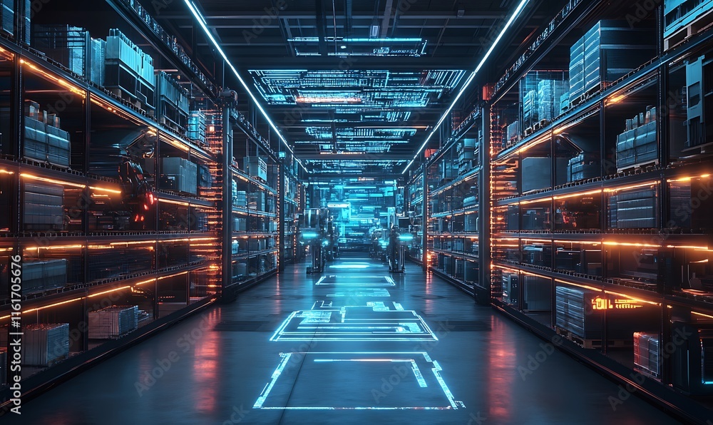 Poster a futuristic data center with illuminated server racks and a high-tech ambiance.