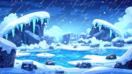 Snow-Covered Mountains and a Frozen River in a Wintery Landscape