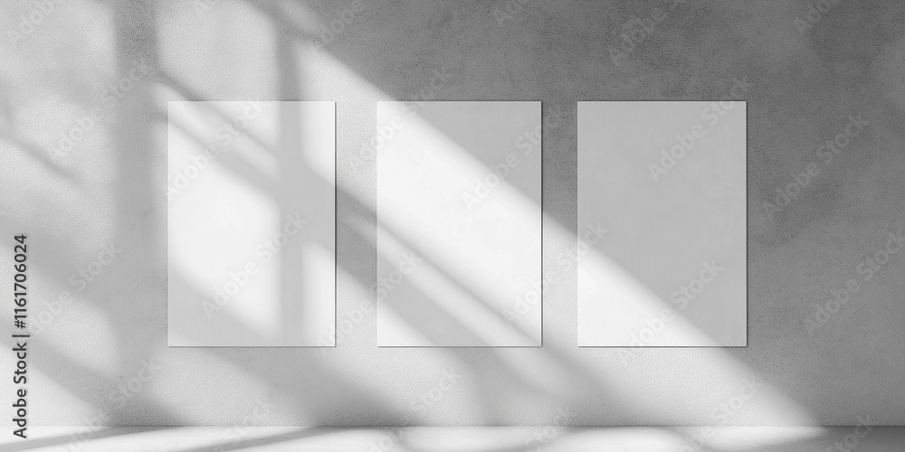 Aufkleber sunlight creating shadows on three blank vertical posters hanging on concrete wall