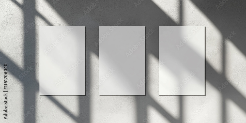 Poster three vertical blank canvas hanging on concrete wall with window shadow