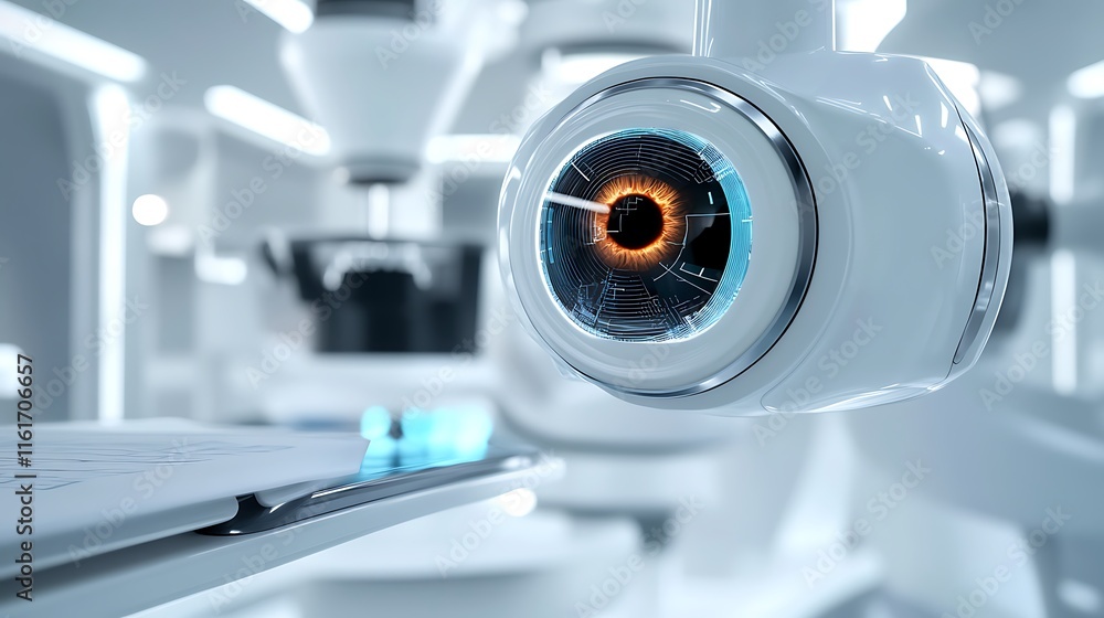 Poster a futuristic robotic eye in a high-tech laboratory setting.