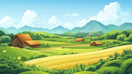 Obraz premium Rural Landscape with Wooden Cabins and Rolling Hills