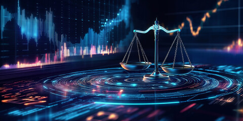 Scales of justice balancing on futuristic digital interface with stock market charts representing financial law and regulation