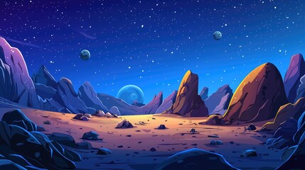 Fototapeta premium A Starry Night Sky Over an Alien Landscape with Blue Planets