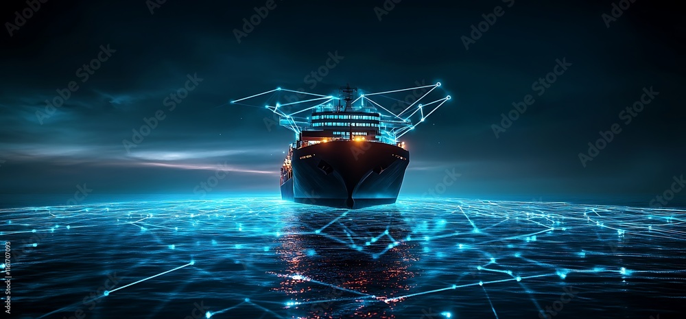 Poster a futuristic ship illuminated by digital networks on a dark ocean.