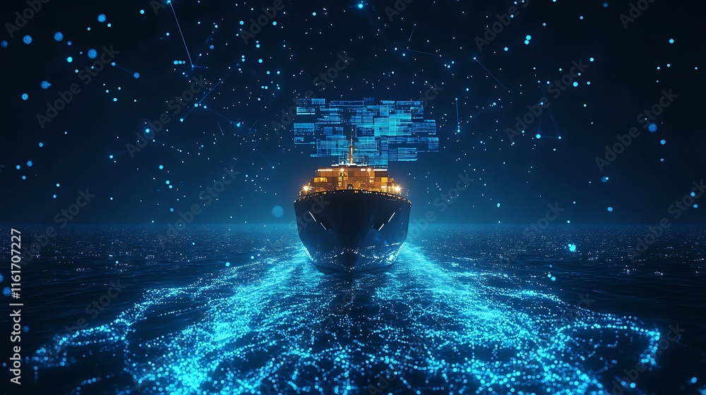 Poster a futuristic ship navigating through a digital ocean of data.