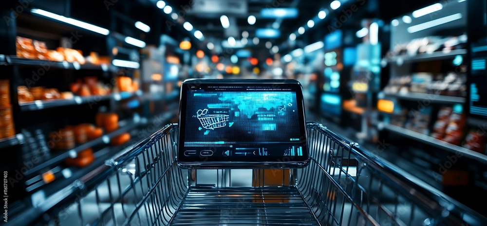 Poster a futuristic shopping cart with a digital interface in a grocery store aisle.
