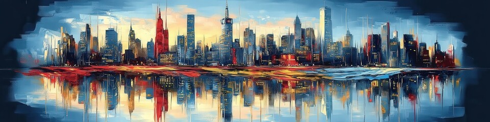 Naklejka premium Stunning New York City Skyline Panorama at Sunset with Reflective Water Surface and Colorful Skyscrapers for Urban Photography and Cityscape Enthusiasts