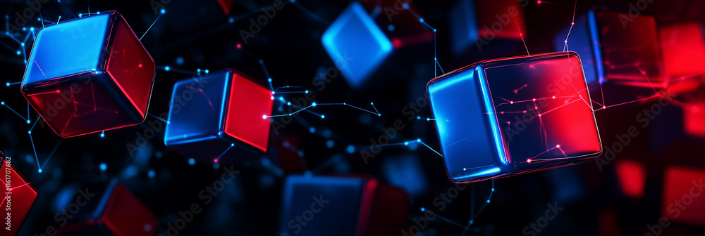 Poster red and blue cubes floating and connecting in cyberspace