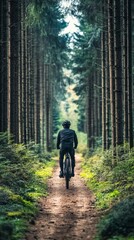 Obraz premium Cyclist Rides Through Tall Forest Trees