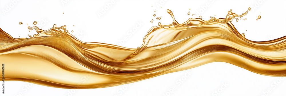 Poster golden wave of liquid splashing and flowing on white background