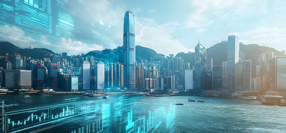 Poster a futuristic view of a city skyline with digital overlays and data visualizations.