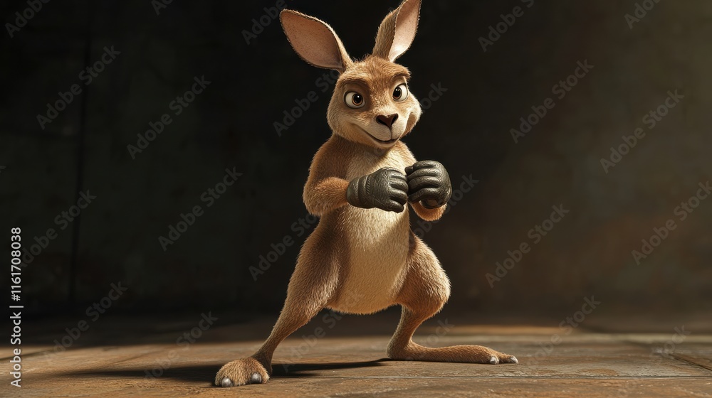 Poster playful cartoon rabbit in a dynamic pose with dark background