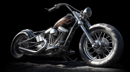 Powerful custom chopper motorcycle standing on dark background