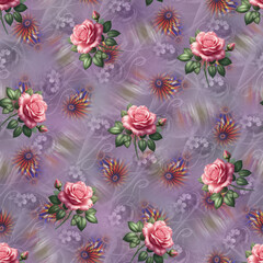 digital printing textile pattern wallpaper colorful flower with watercolor background- illustration Allover design