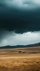 Obraz premium Dark Clouds Over Golden Field And Rustic Barns