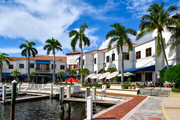Shops and restaurants along the Riverwalk in the Marina at Jupiter, Florida in Palm Beach County  © Ryan Tishken
